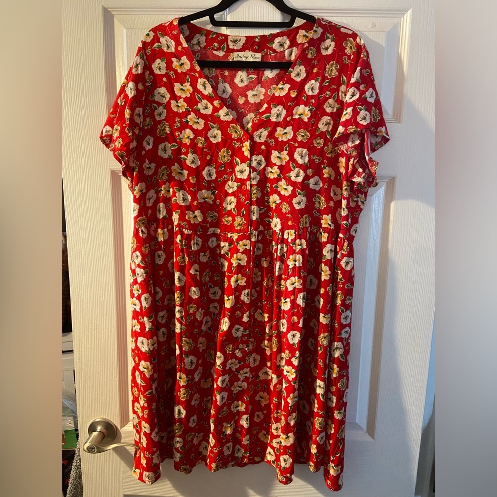 Red Floral Dress with Button Front